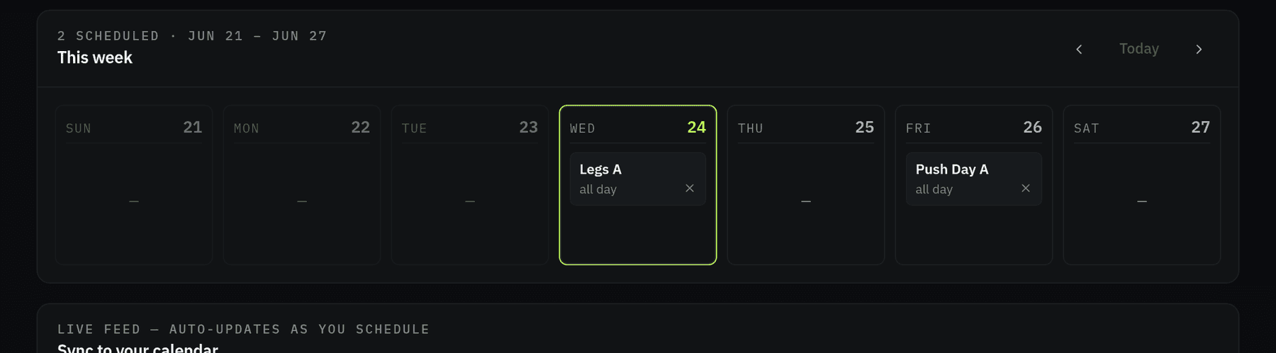 A weekly schedule with workouts placed on specific days, ready to sync to a calendar app.