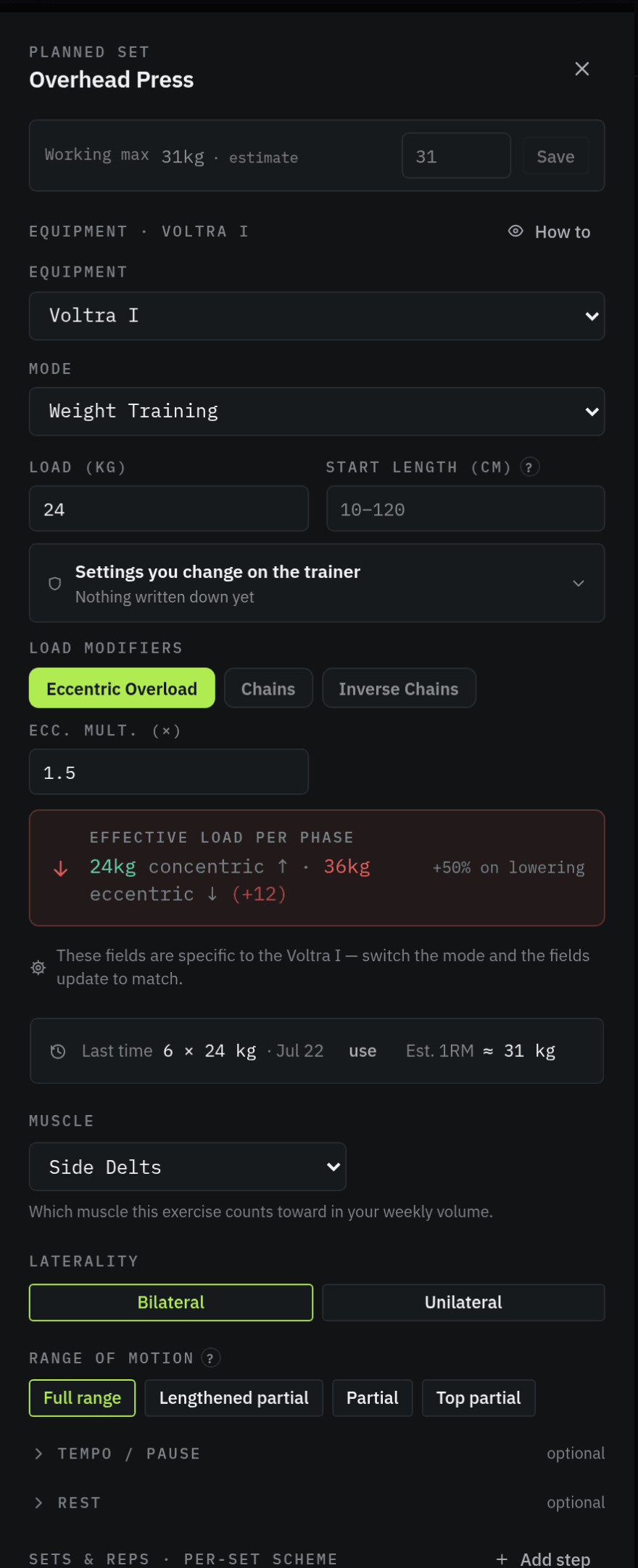 The planned-set editor for Overhead Press: equipment Voltra I, mode Weight Training, load 24 kg, the Load modifiers row with Eccentric Overload selected, an eccentric multiplier of 1.5, and a highlighted readout reading 24kg concentric up, 36kg eccentric down, plus 50% on lowering.