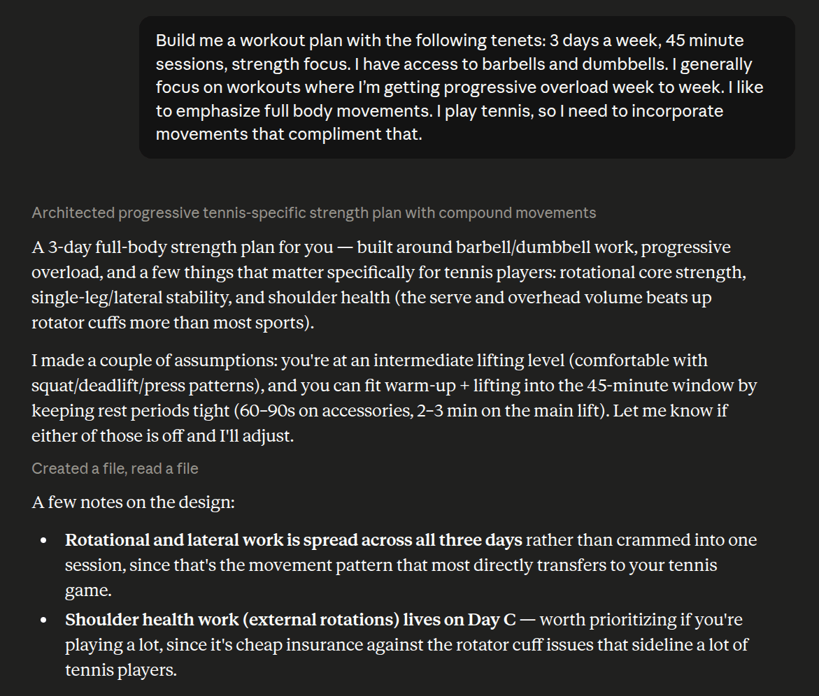 A chat assistant answering a request for a 3-day, 45-minute strength plan for a tennis player, explaining that rotational and lateral work is spread across all three days and that shoulder health work lives on Day C.