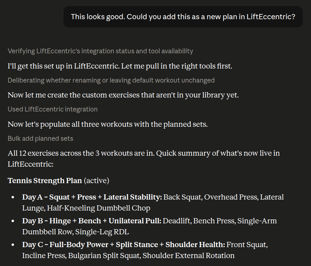 The assistant creating the plan in Eccentric: it adds the custom exercises, populates all three workouts with planned sets, and summarizes the twelve exercises now live under the Tennis Strength Plan.