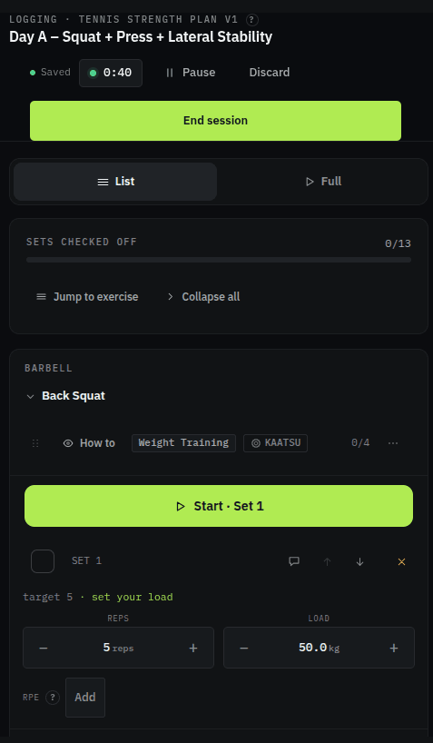 Logging Day A in Eccentric on a phone: a running session timer, an End session button, a sets-checked-off progress bar, and the first Back Squat set with reps and load steppers.