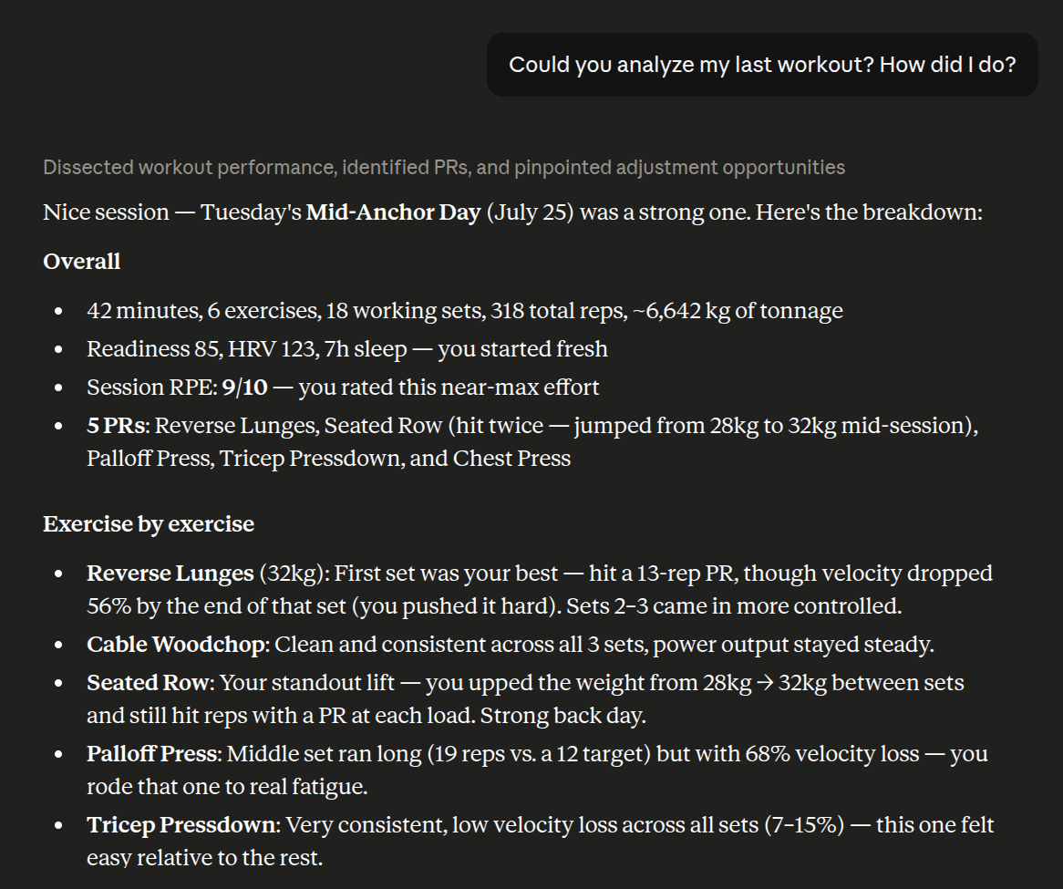 The assistant analyzing a logged session: 42 minutes, 6 exercises, 18 working sets, readiness 85, HRV 123, 7 hours of sleep, five personal records, then an exercise-by-exercise read including how far bar speed dropped within each set.